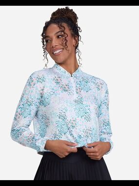 Bad Birdie Womens Golf UV Pastel Floral Band-Collar Blouse - Size Large